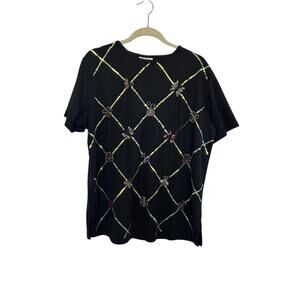 Vtg 90s Quacker Factory Beaded Insect Bugs Black Top Size Large Sequins